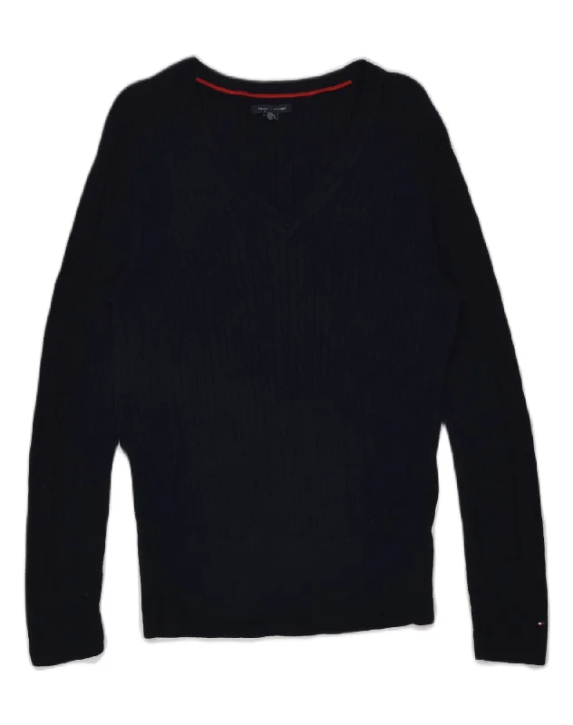 TOMMY HILFIGER Womens V-Neck Jumper Sweater UK 18 XL Navy Blue Cotton Fleece Sweater Nylon Polyester