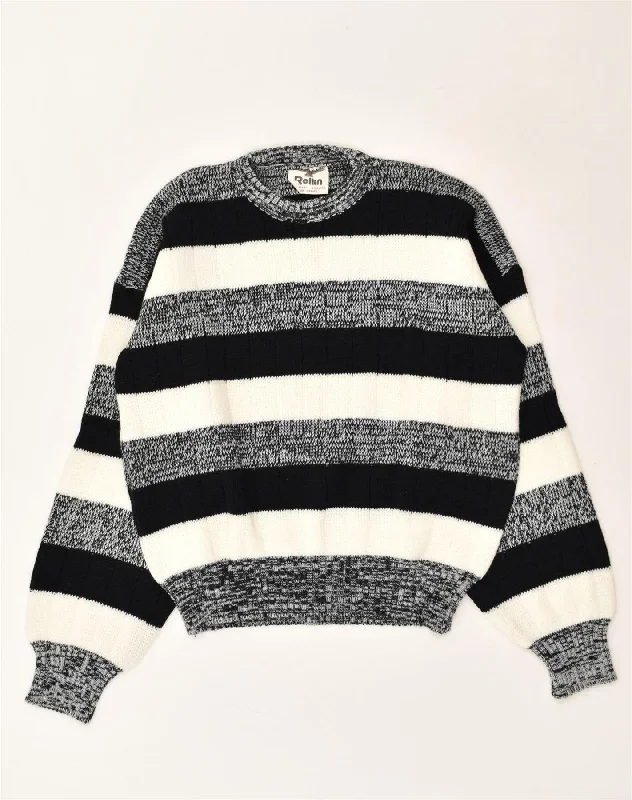 VINTAGE Womens Crew Neck Jumper Sweater UK 14 Large White Colourblock Velvet Chenille Corduroy