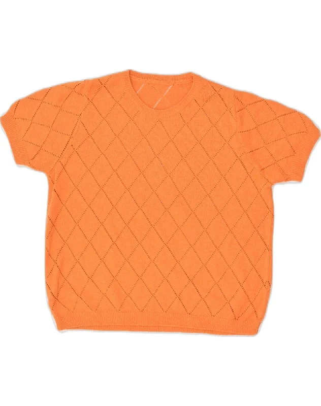 VINTAGE Womens Short Sleeve Crew Neck Jumper Sweater UK 14 Medium Orange Jersey Fabric Tulle Fabric Batik Fabric