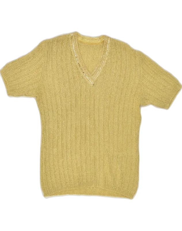 VINTAGE Womens Short Sleeve V-Neck Jumper Sweater UK 12 Medium Yellow Layered Multi-layer Single Layer VINTAGE Womens Short Sleeve V-Neck Jumper Sweater UK 12 Medium Yellow Layered Multi-layer Single Layer