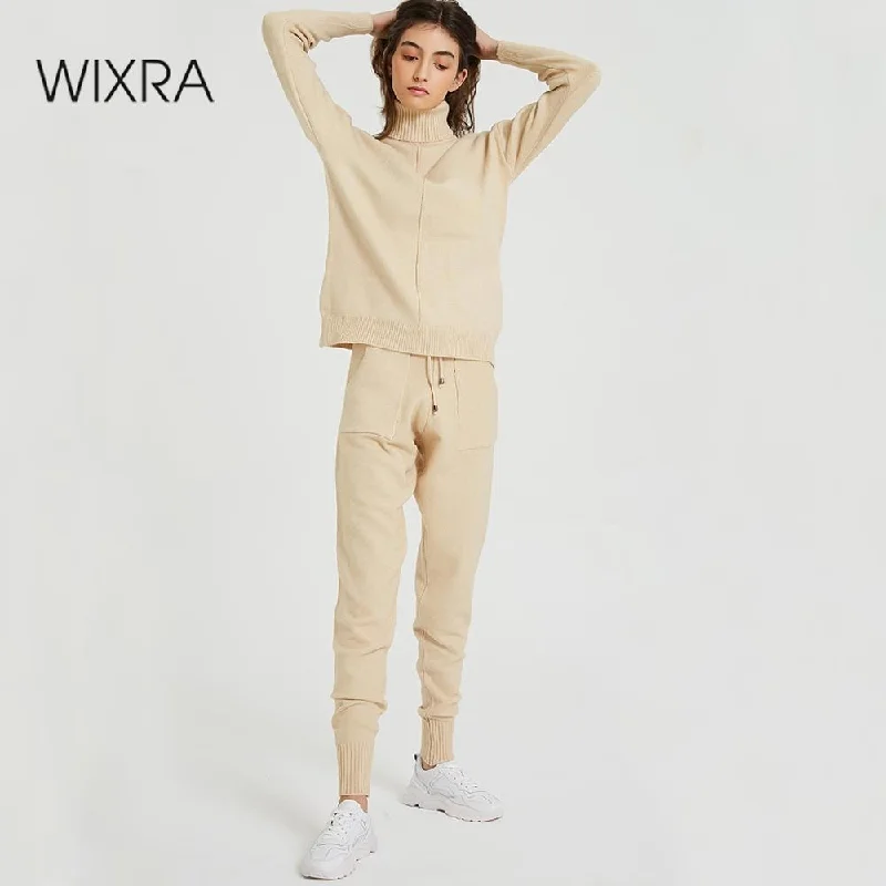 Wixra Women's Sweater Suits and Sets Turtleneck Long Sleeve Knitted Sweaters+Pockets Long Trousers 2PCS Sets Winter Costume Solid Color Striped Floral Print Wixra Women's Sweater Suits and Sets Turtleneck Long Sleeve Knitted Sweaters+Pockets Long Trousers 2PCS Sets Winter Costume Solid Color Striped Floral Print
