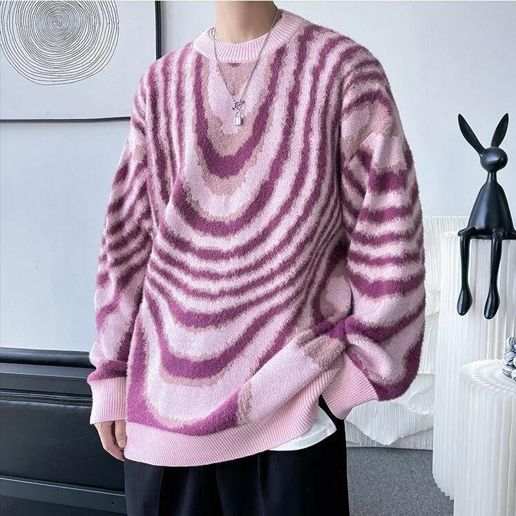 Y2K Wavy Striped Knitted Sweater Boxy Sweater Fitted Sweater A-Line