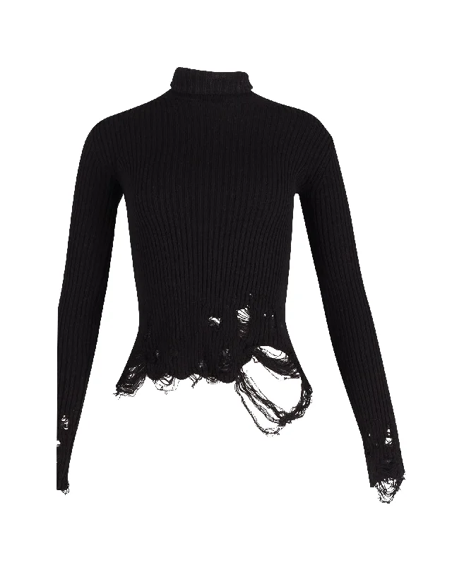 Balenciaga Distressed Ribbed Knit Turtleneck Sweater in Black Wool