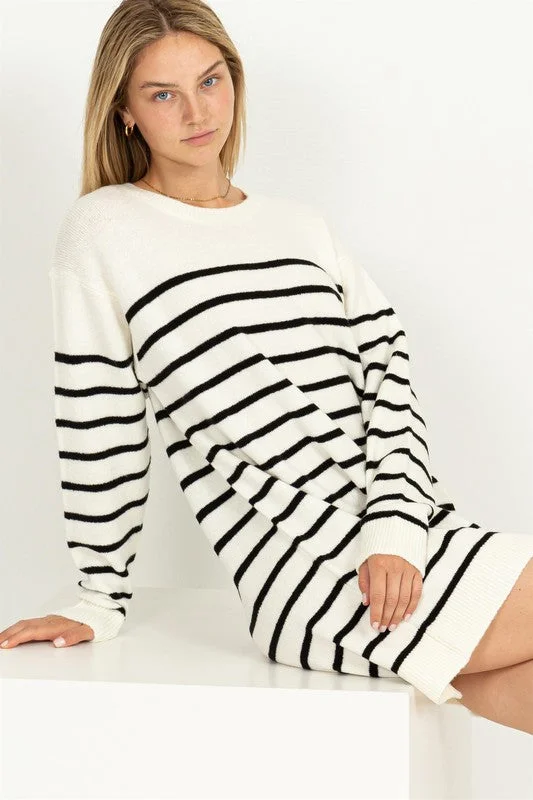 Black White Casually Chic Striped Sweater Dress