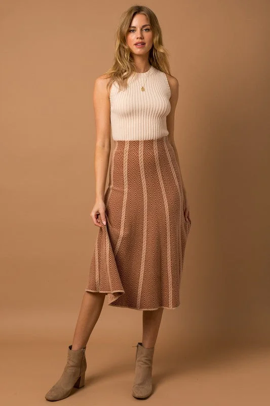 Brown Herringbone Stripe Sweater Skirt