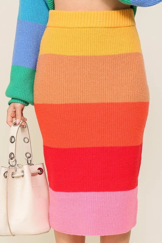 Bold Rainbow Strip High-Waisted Midi Sweater Multicolor Skirt