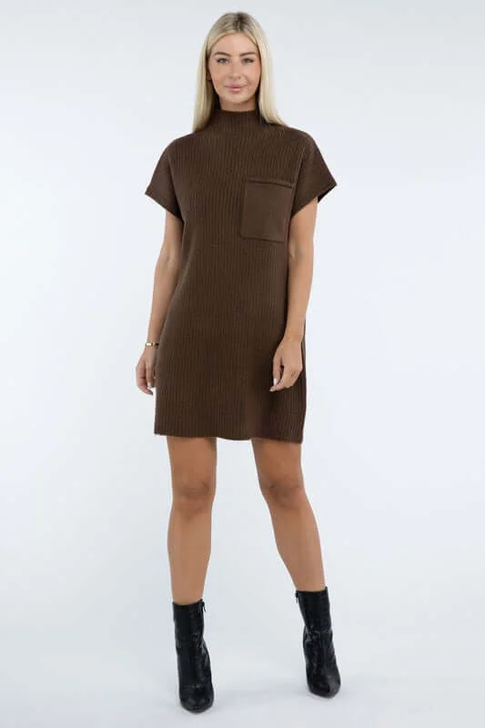 Mock Neck Short Sleeve Mini Sweater Dress with Pocket