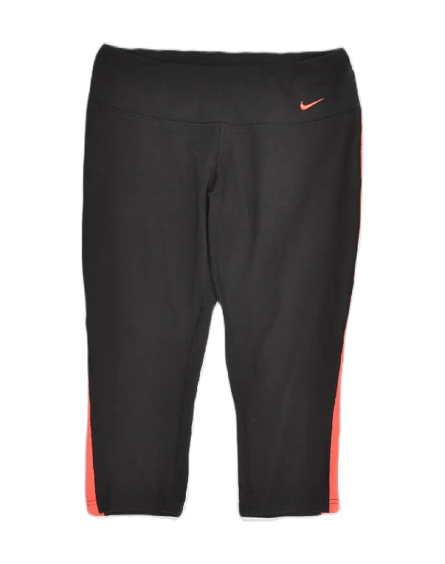 NIKE Womens Dri Fit Crop Tracksuit Trousers UK 12 Medium Black Colourblock Trousers Leather Faux