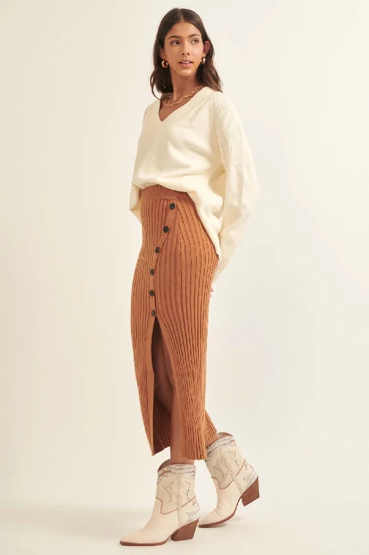 Warm Soul Buttoned Rib-Knit Midi Sweater Skirt