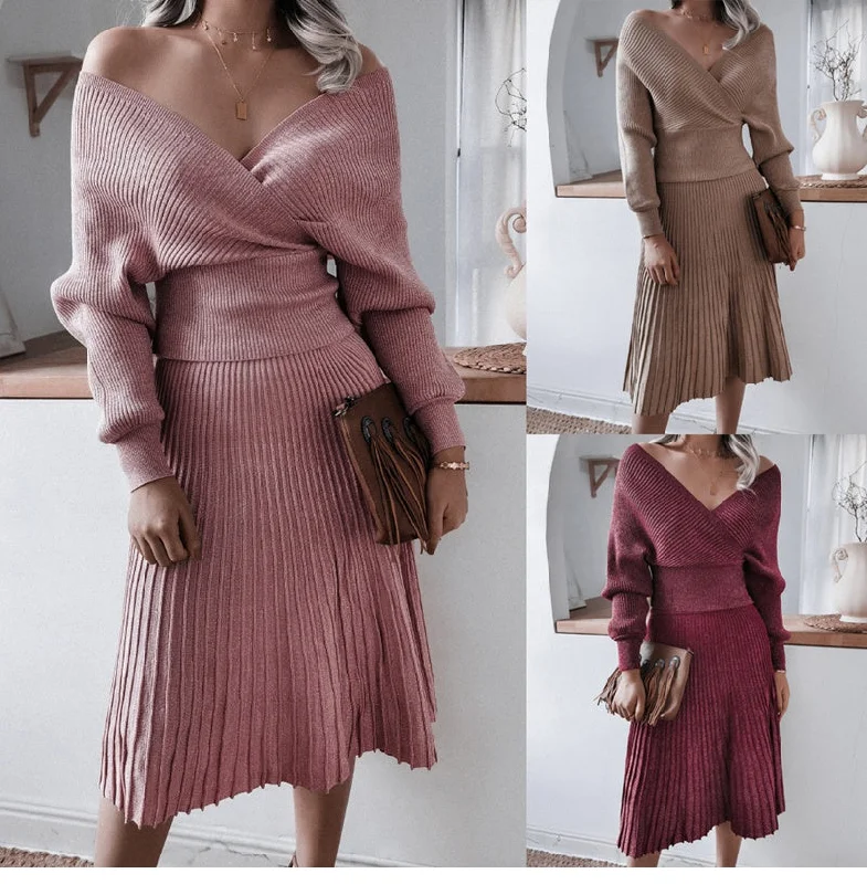 Women Autumn Winter Solid Knitting Suit Long Sleeve Off The Shoulder Sweater Pleated Skirt Bright Silk Two Piece Set