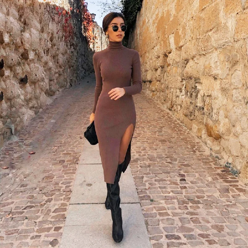 Women Long Sleeves High-Neck Elastic Midi Dress Knit Sweater Dress