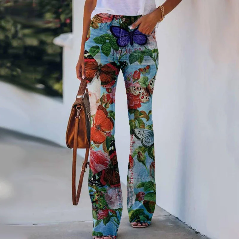 Summer New Flower-bird Print Women's Trousers