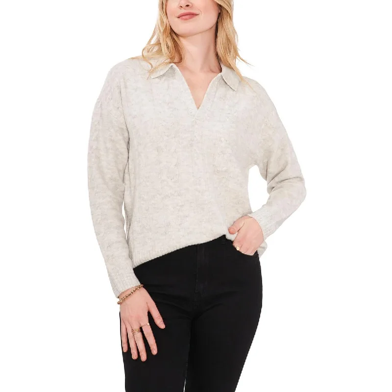 1.State Womens Cable Knit Collared Pullover Sweater Open Neck Pullover