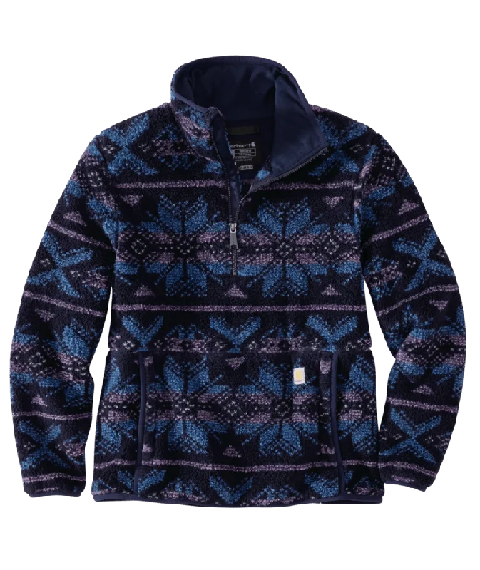 Women's Loose Fit Fleece Pullover - Navy Fairisle Blouson Sleeve Pullover