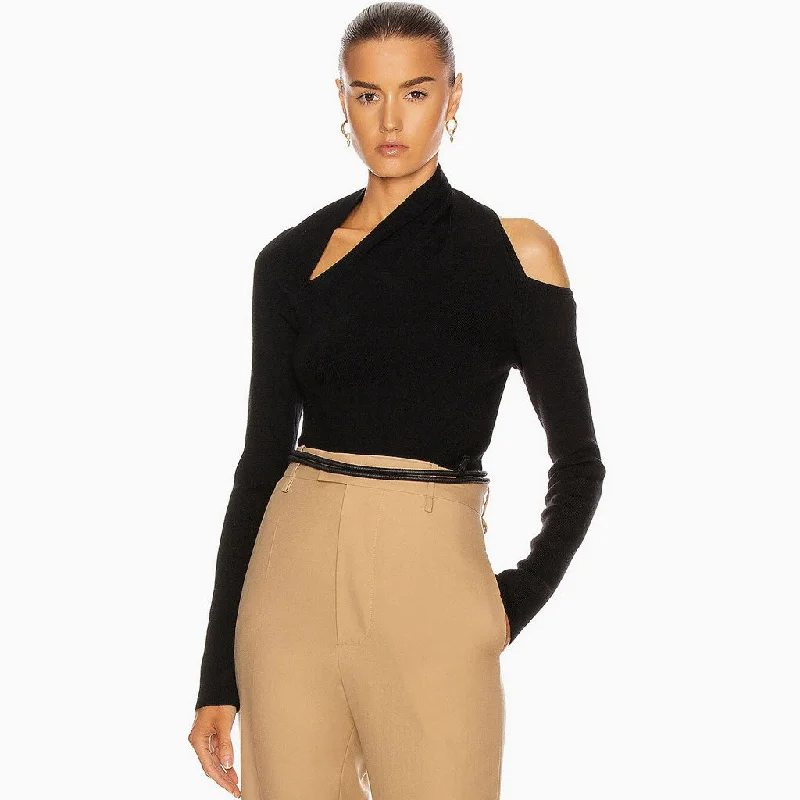 Asymmetric Long Sleeve Cutout French Knit Pullover Top - Black Blouson Sleeve Pullover