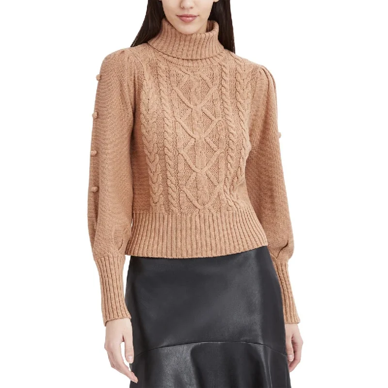 BCBGMAXAZRIA Women's Cable Knit Pom Pullover Turtleneck Sweater Bateau Neck Pullover