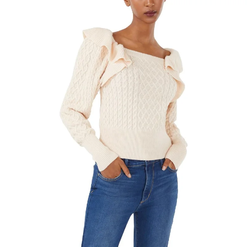 BCBGMAXAZRIA Womens Ribbed Trim  Cable Knit Pullover Sweater Jewel Neck Pullover