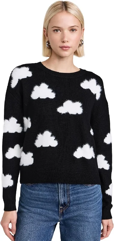 alice + olivia Gleeson Fuzzy Cloud Pullover, Black/Soft White, L Three Quarter Sleeve