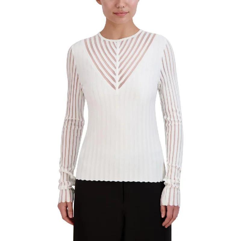Womens Sheer Long Sleeve Pullover Sweater Flutter Sleeve Feminine