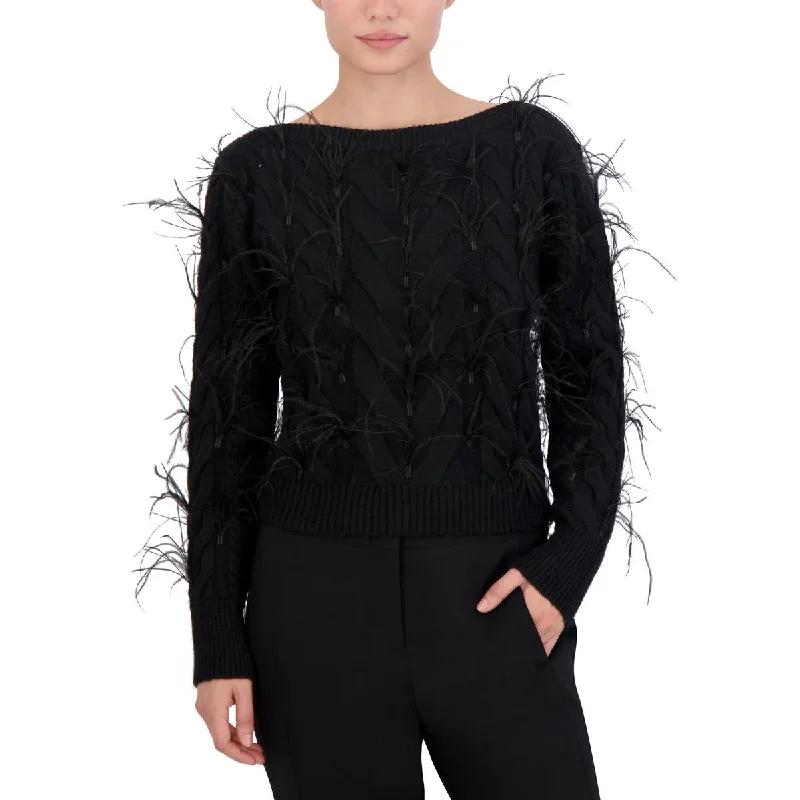 Womens Cable Knit Cold Shoulder Pullover Sweater Ruffle Sleeve Feminine