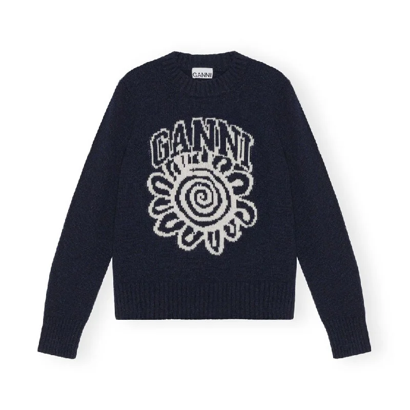 Blue Flower Graphic O-Neck Pullover (Sky Captain) Flare Sleeve Stylish
