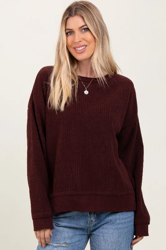 Burgundy Ribbed Brushed Knit Pullover Top Cap Sleeve Casual