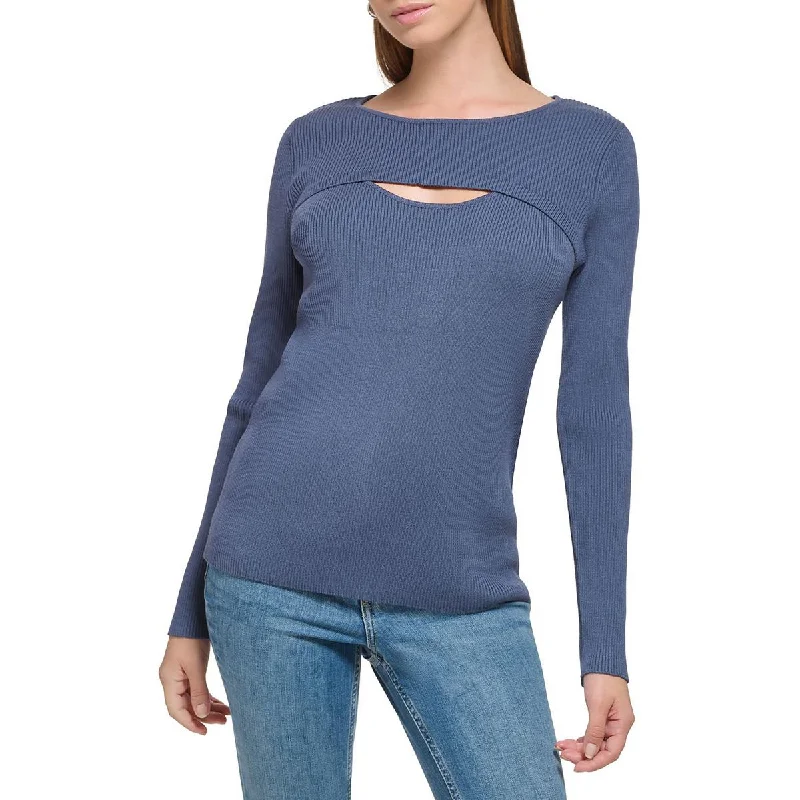 Calvin Klein Womens Cutout Ribbed Knit Pullover Sweater Lantern Sleeve Elegant