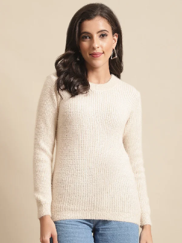 Women's Casual  Beige Round neck Pullover Sweater Soft Wool Sweater