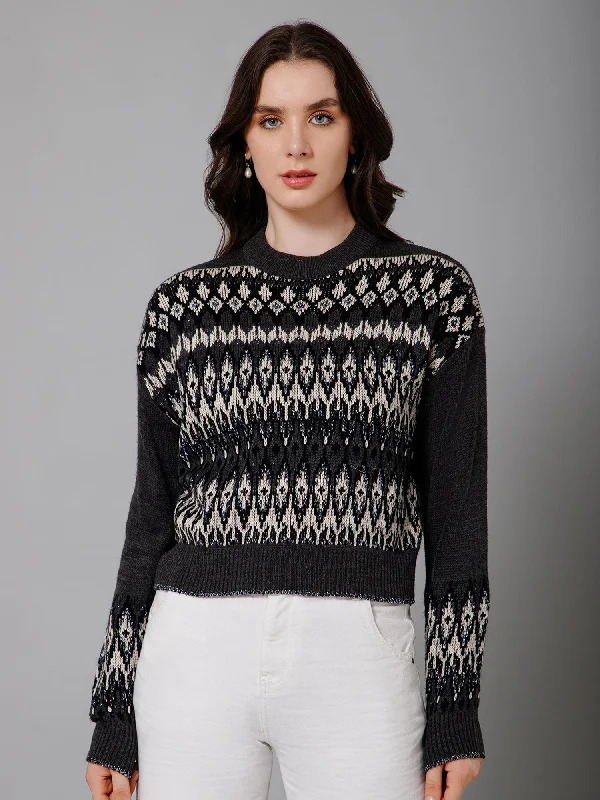 Women's Casual  Black Round neck Pullover Sweater Open Neck Pullover