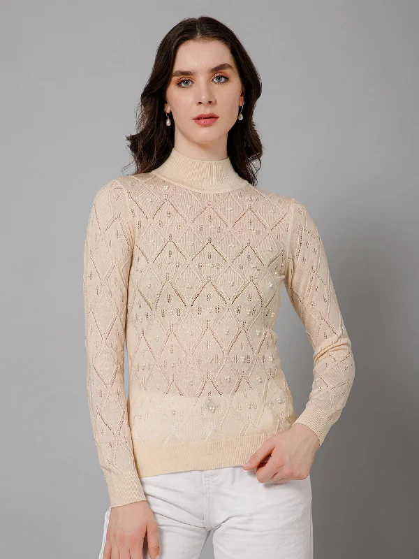 Women's Casual  Ivory High neck Pullover Sweater Slim Sleeve Pullover
