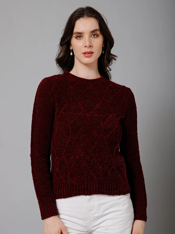 Women's Casual  Maroon Round neck Pullover Sweater Tight Sleeve Top