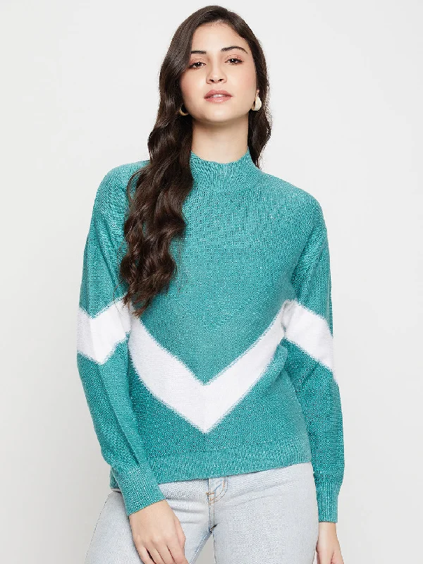 Women's Casual  Aqua High neck Color Block Pullover Sweater dolman Sleeve Top