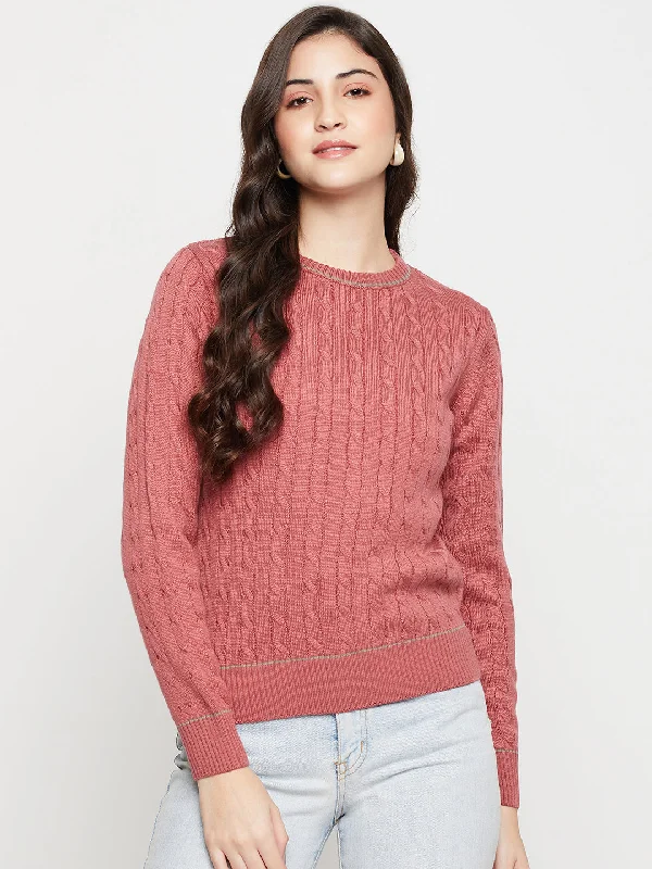 Women's Casual  Dark Pink Round neck Pullover Sweater Bardot Neck Top