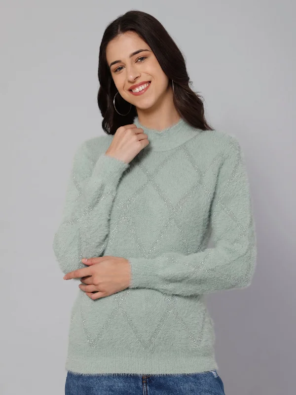 Women's Casual  Green High neck Pullover Sweater Wrist Length Sleeve