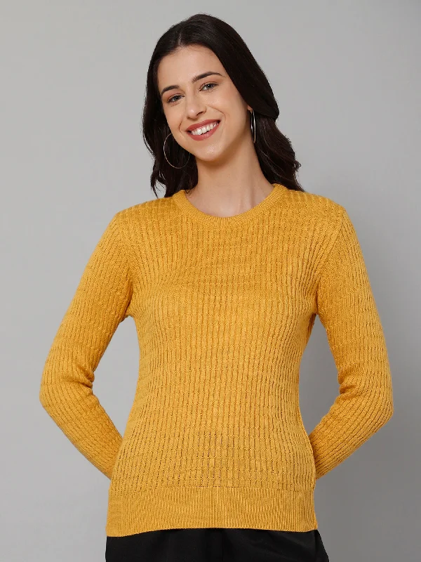 Women's Casual  Mustard Round neck Pullover Sweater Long Bell Sleeve