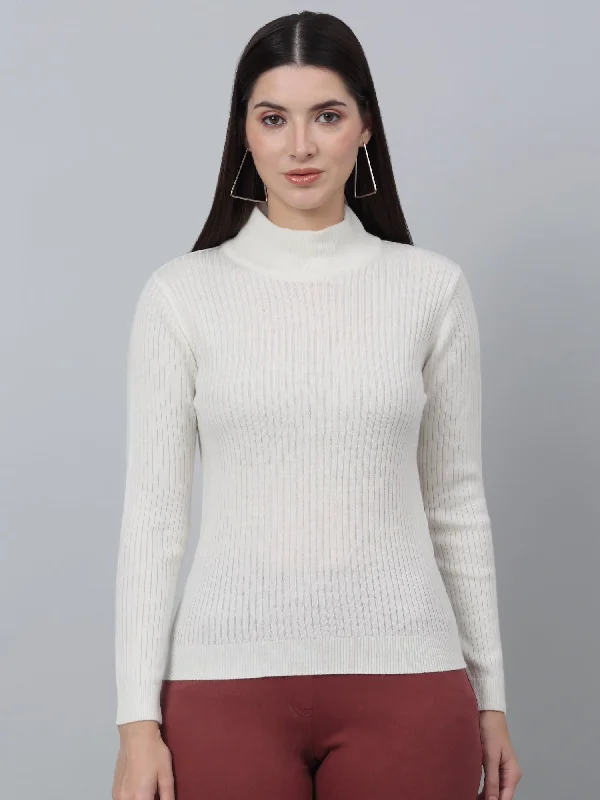 Women's Casual  OffWhite High neck Pullover Sweater Cold Shoulder Design