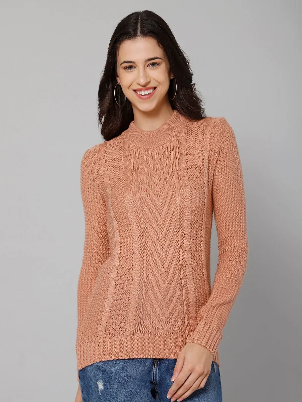 Women's Casual  Peach Round neck Pullover Sweater Besom Neck Pullover