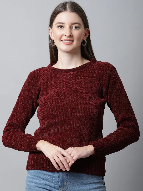 Women's Casual  Maroon Round neck Pullover Sweater Cap Sleeve Casual