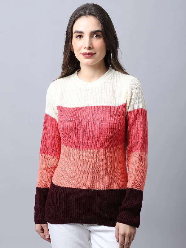 Women's Casual  Pink Round neck Color block Pullover Sweater Halter Neck Top