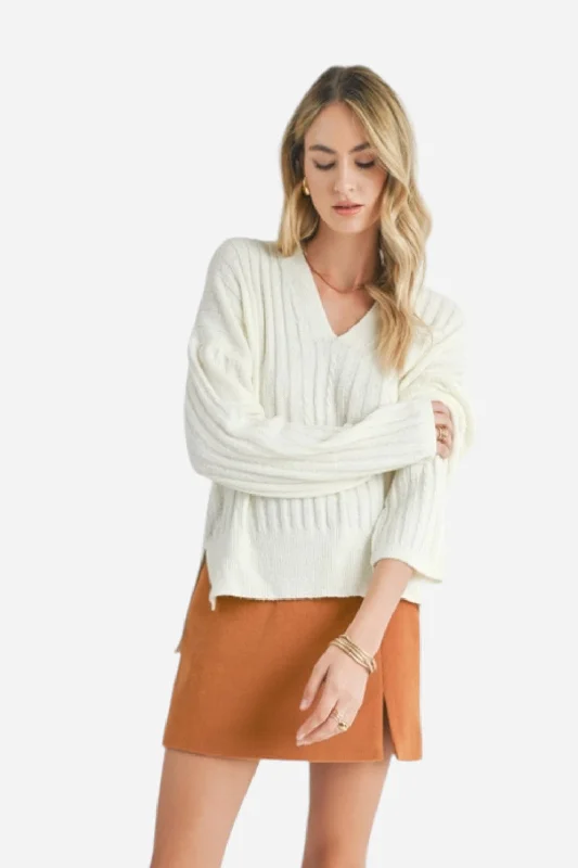 Sage the Label Carli V Neck Pullover Off White Slit Sleeve Stylish