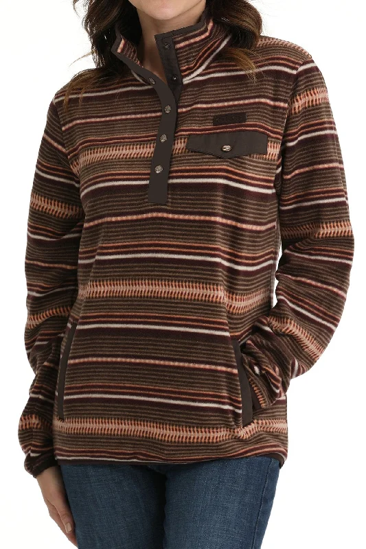 Women's Striped Fleece Pullover - Brown/Coral - (MAK9819009) One Shoulder Top