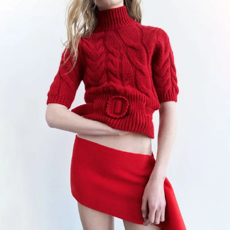 Classic High Neck Half Sleeve Belted Chunky Cable Knit Pullover Sweater Boyleg Sleeve Pullover