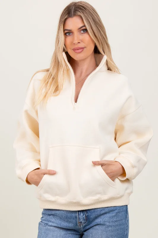 Cream Fleece Oversized Half Zip Pullover Button Front Sweater