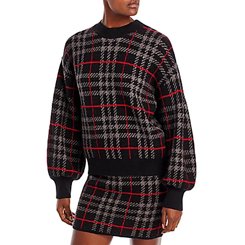 En Saison Womens Plaid Crewneck Pullover Sweater Bardot Neck Top