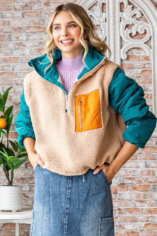Fleece with Quilted Puffer Sleeve Pullover Honey Neck Pullover