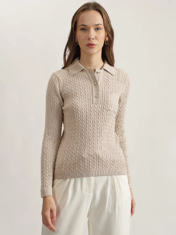 Gant Women Beige Solid Collared Full Sleeves Pullover Style Sweater Boyleg Sleeve Pullover