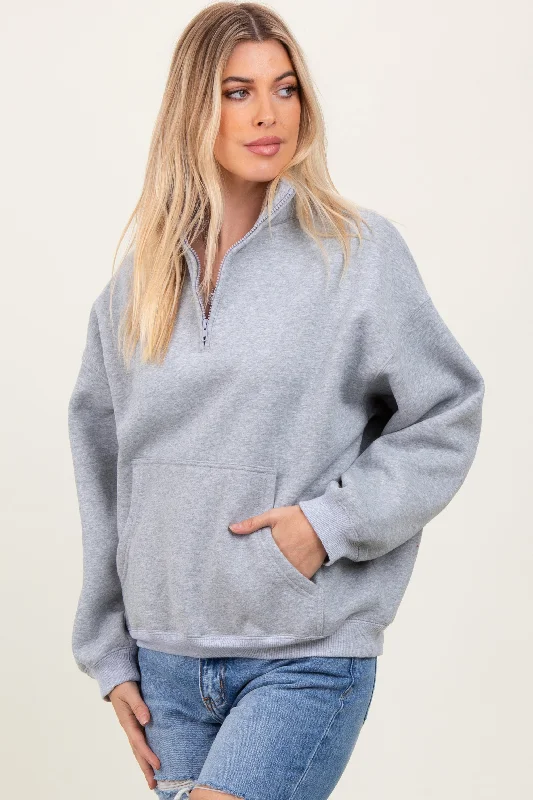 Heather Grey Fleece Oversized Half Zip Pullover Long Bell Sleeve