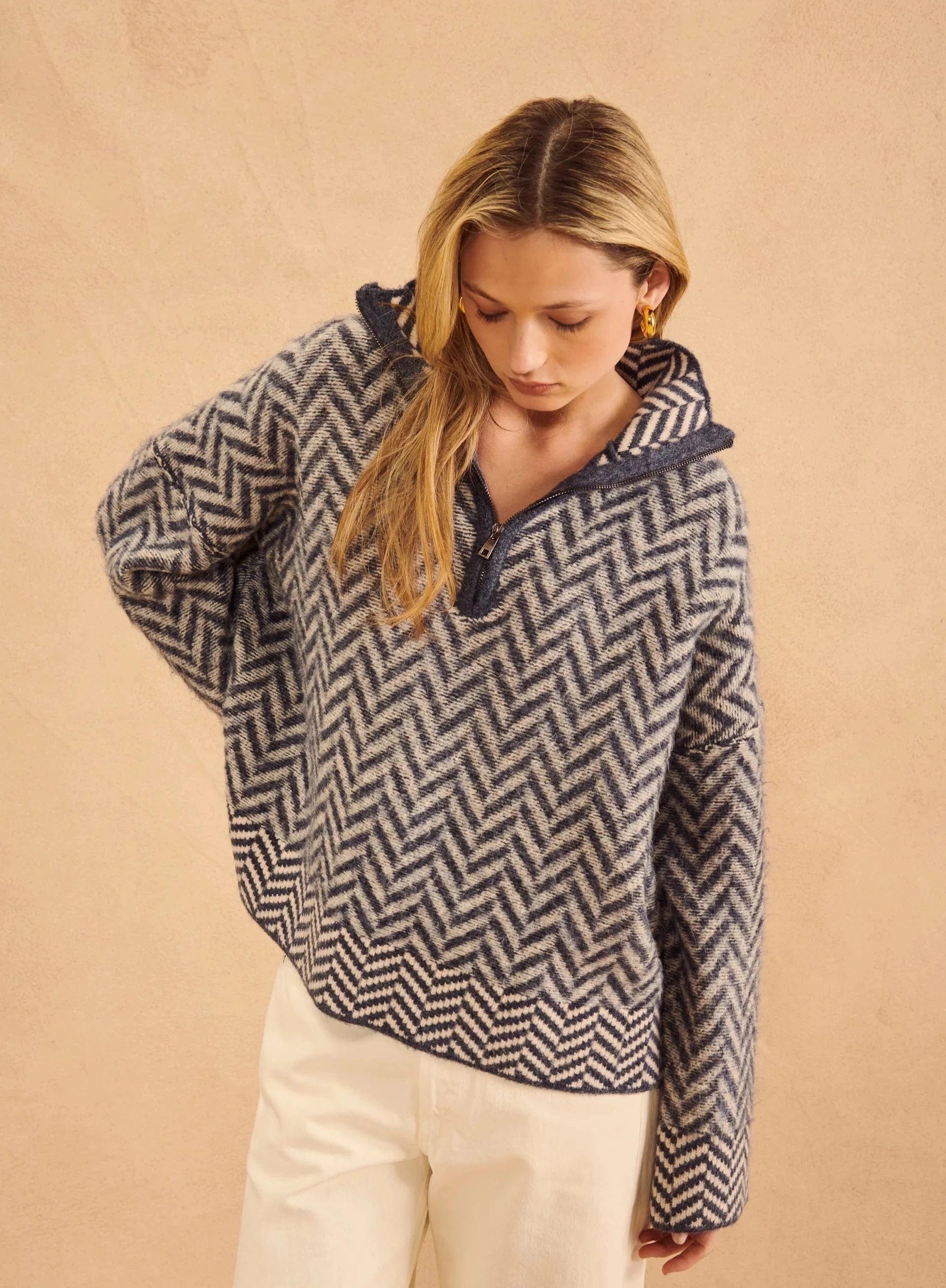 Dominic Herringbone Quarter Zip Pullover Batwing Sleeve Top
