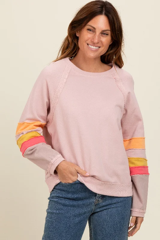 Light Pink Colorblock Sleeve Pullover Cowl Neck Pullover
