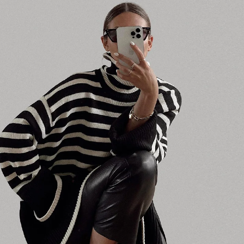 Long Sleeve Turtleneck Side Slit Stripe Knit Pullover Sweater - Black Box Sleeve Comfort